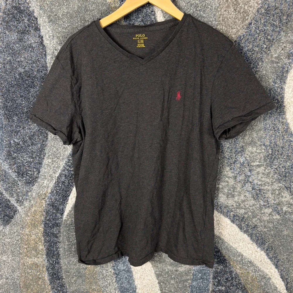 Polo‎ Ralph Lauren V-Neck T-Shirt Mens L Grey Red Pony Logo Short Sleeve